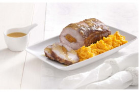 Pork stuffed with apricots, sweet potato puree, and orange and ginger sauce