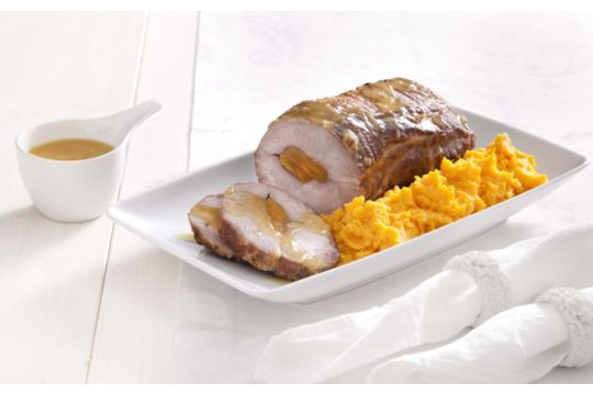 Pork stuffed with apricots, sweet potato puree, and orange and ginger sauce
