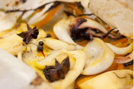 Cuttlefish marinated in white wine and anise with vegetables, potatoes and saffron
