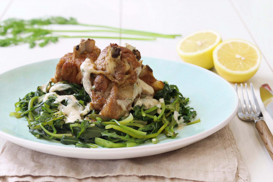 Goat stew in egg-lemon sauce with spiny chicory