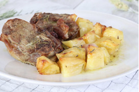 Roast goat with mountain tea, fresh herbs and potatoes