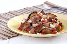 Veal stew with eggplant, fresh tomato sauce and feta cheese from Mytilene