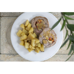 Stuffed pork with graviera cheese, carrots, peppers & roast potatoes