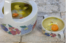 Fish soup with shi drum fillet, suffron, carrot, zucchini, celery and rice